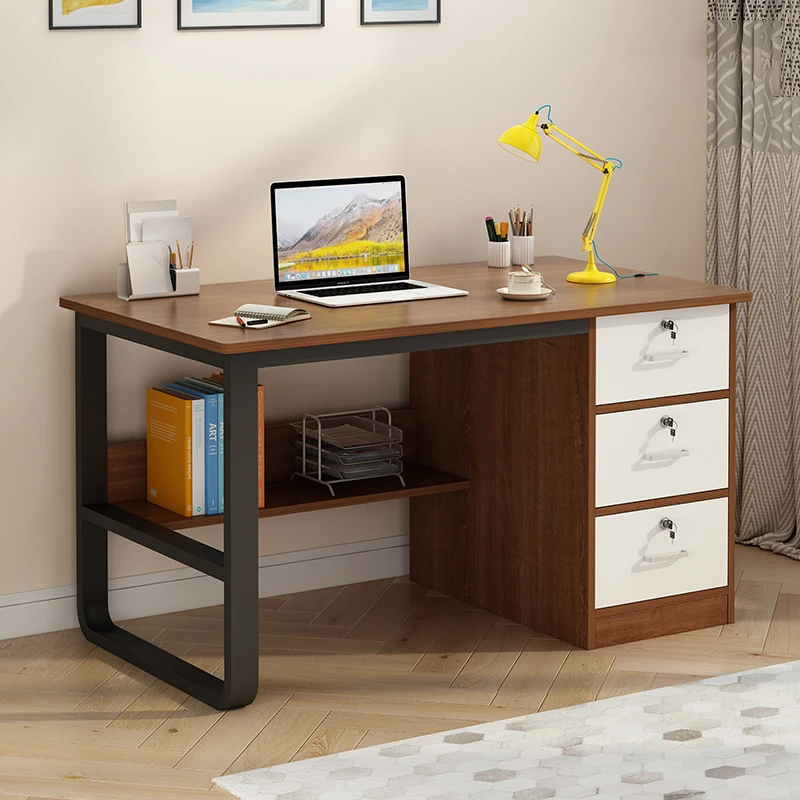 Modern Furniture Metal And Wooden Computer Table And Student Study Writing Desk With Drawer and Bookshelf For Home Office