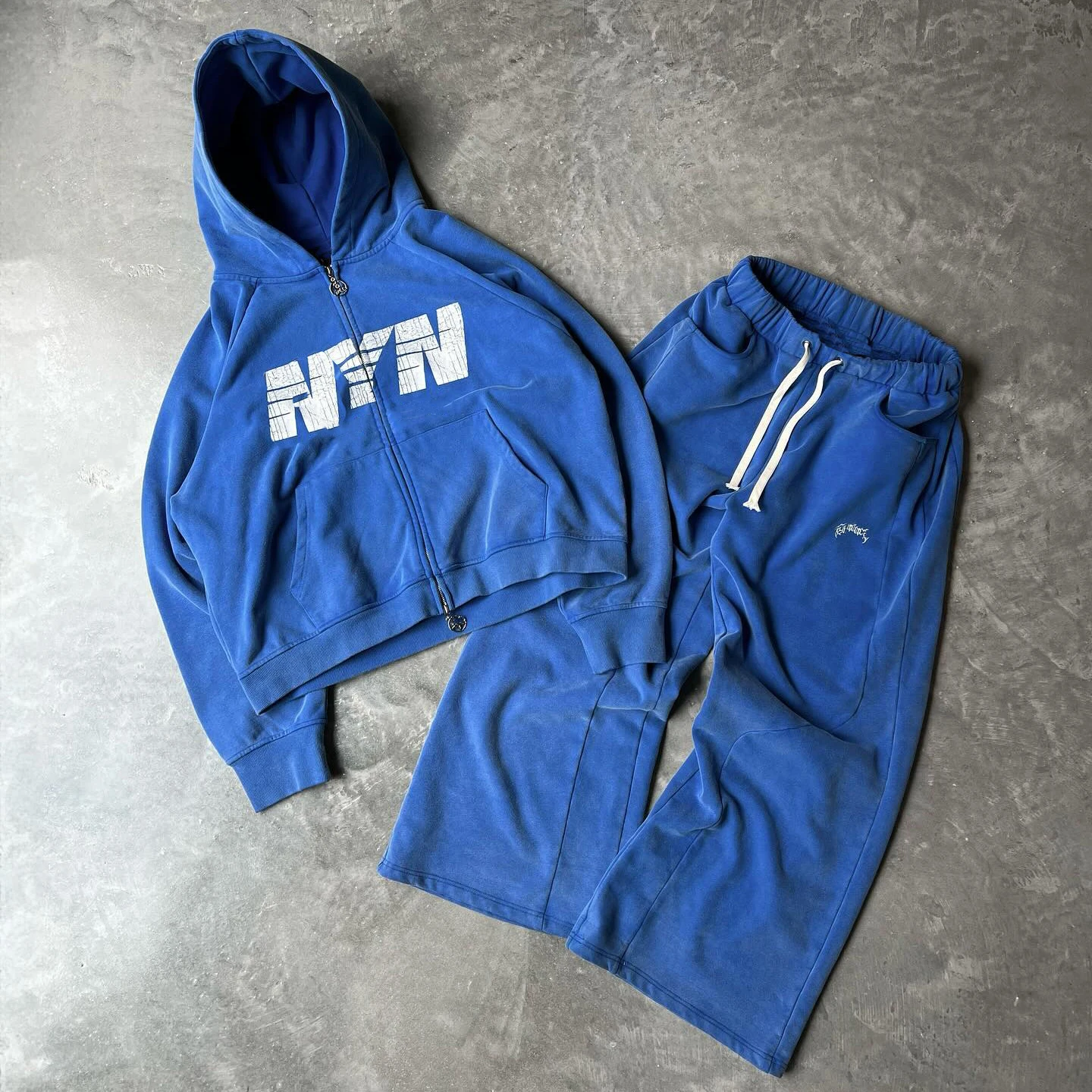 custom cotton high quality distressed print zip up heavyweight hoodie and flared sweatpants sets sweatsuit tracksuit for men