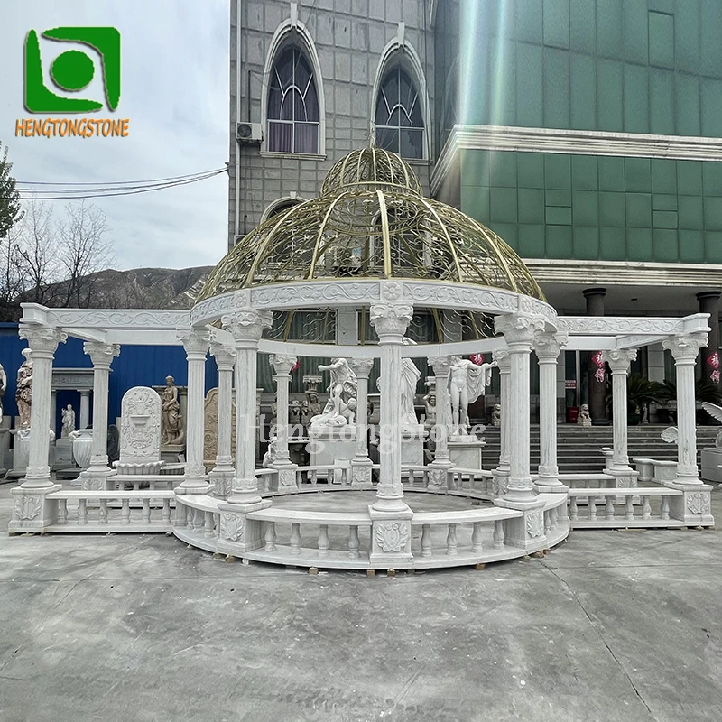 Outdoor Garden Decoration Hand Carved White Marble Large Size Gazebo With Iron Roof