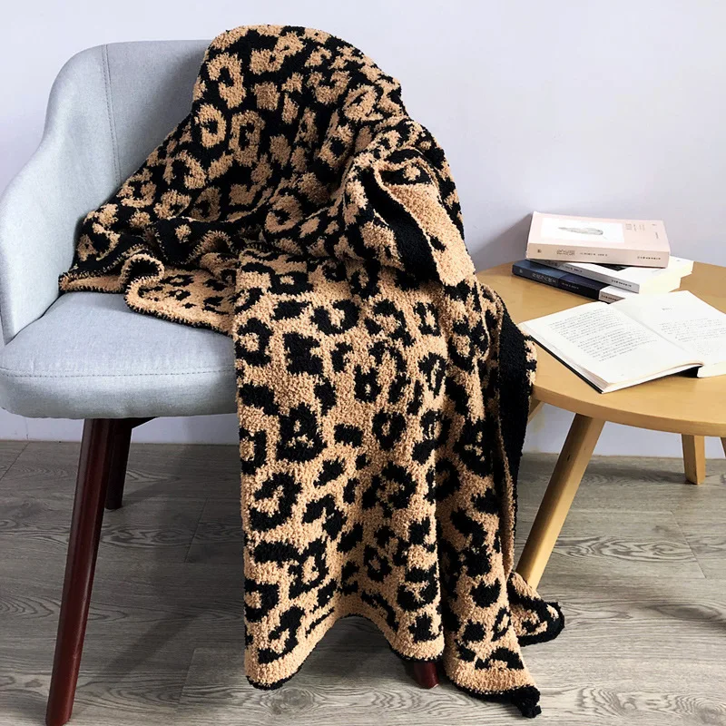 ins New Fashion Wool Knitted Leopard Blanket Soft Velvet Jacquard Knitting Print Leopard Blanket Sofa Fleece Napping Blankets