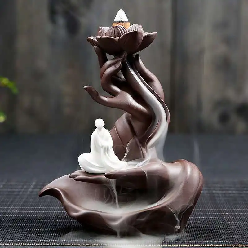 Ceramic backflow incense burner Zen buddha hand lotus cense waterfall holder agarwood accessories ornaments