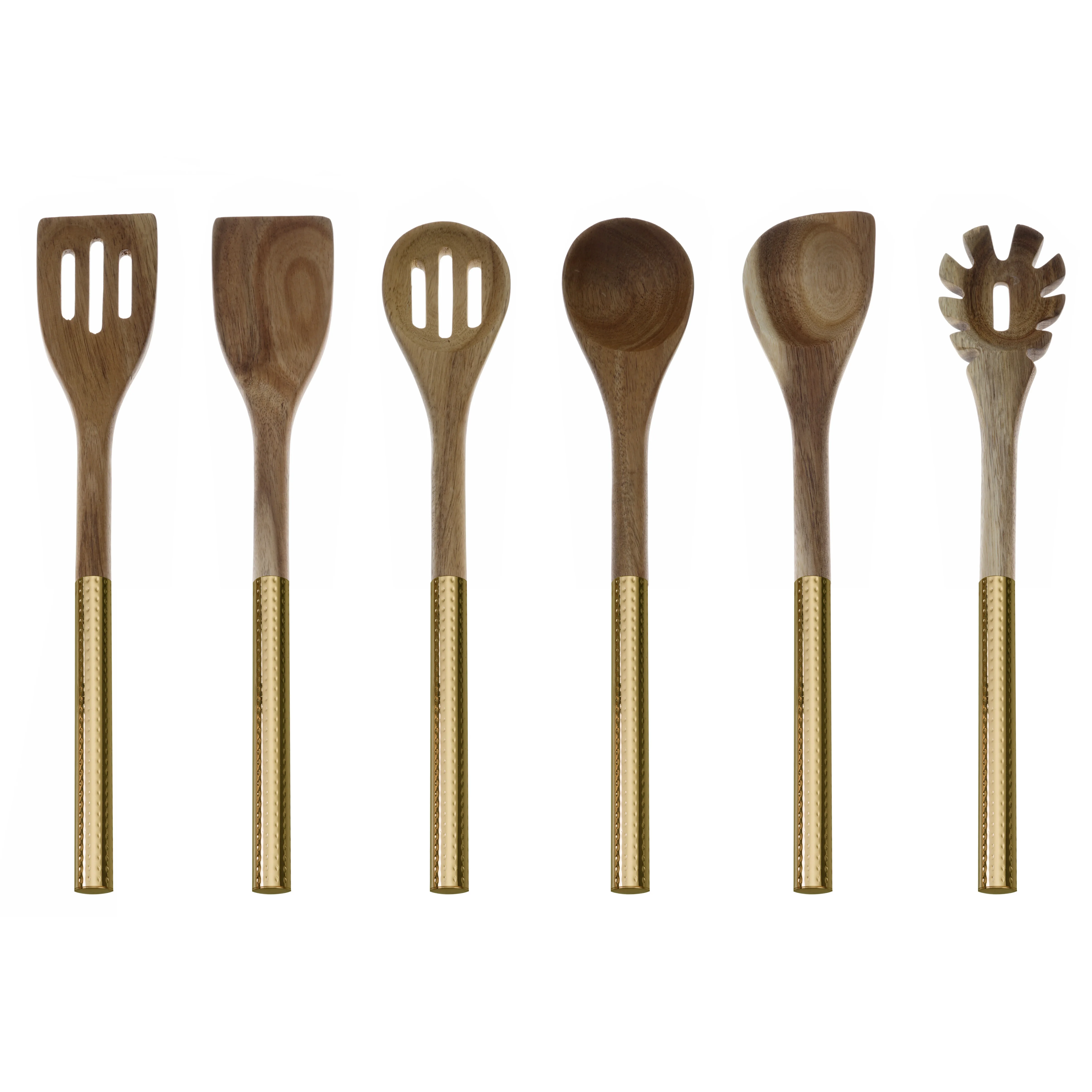 13-inch Wooden Utensils for Serving Salad Set Wooden Spoon Fork Turner Salad Servers With Golden Handle