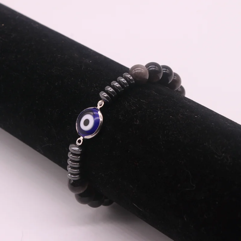 Новый дизайн модные ювелирные изделия из натурального камня браслет сглаза Серебряный обсидиан гематит ювелирные изделия браслет оптовая продажа