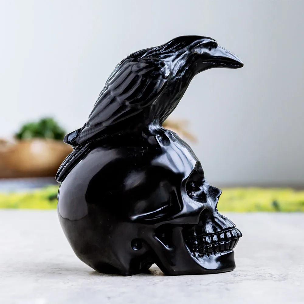 Yinglai factory high quality reiki natural hand carved black obsidian crystal skulls with bird crystal crafts healing stone