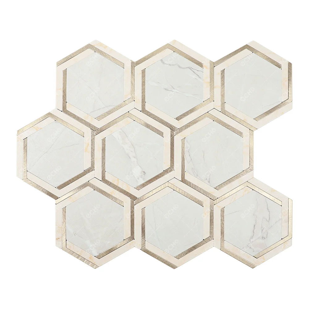 Gold trim and light marbled hexagon modern style 3D metal mosaic tile wall tile for home decoration