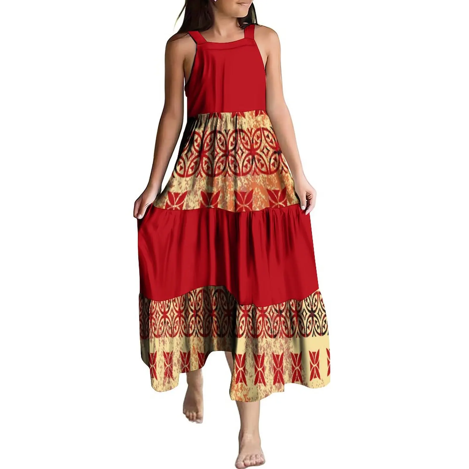 New Drop Shipping Custom Polynesian Tribal Print Sleeveless Toddler Girls Dresses Kids Clothes Summer Sling Long Dress For Kids