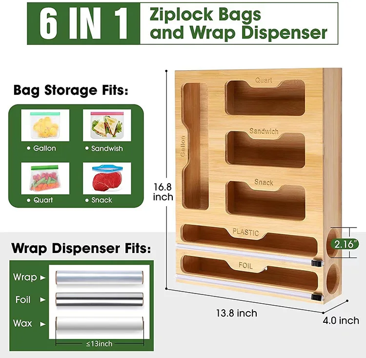 Kitchen Drawers Multifunction Bamboo Ziplock Bag Storage Organizer Square Ziplock Bag Storage Organizer Bamboo - 6 In 1 Wrap