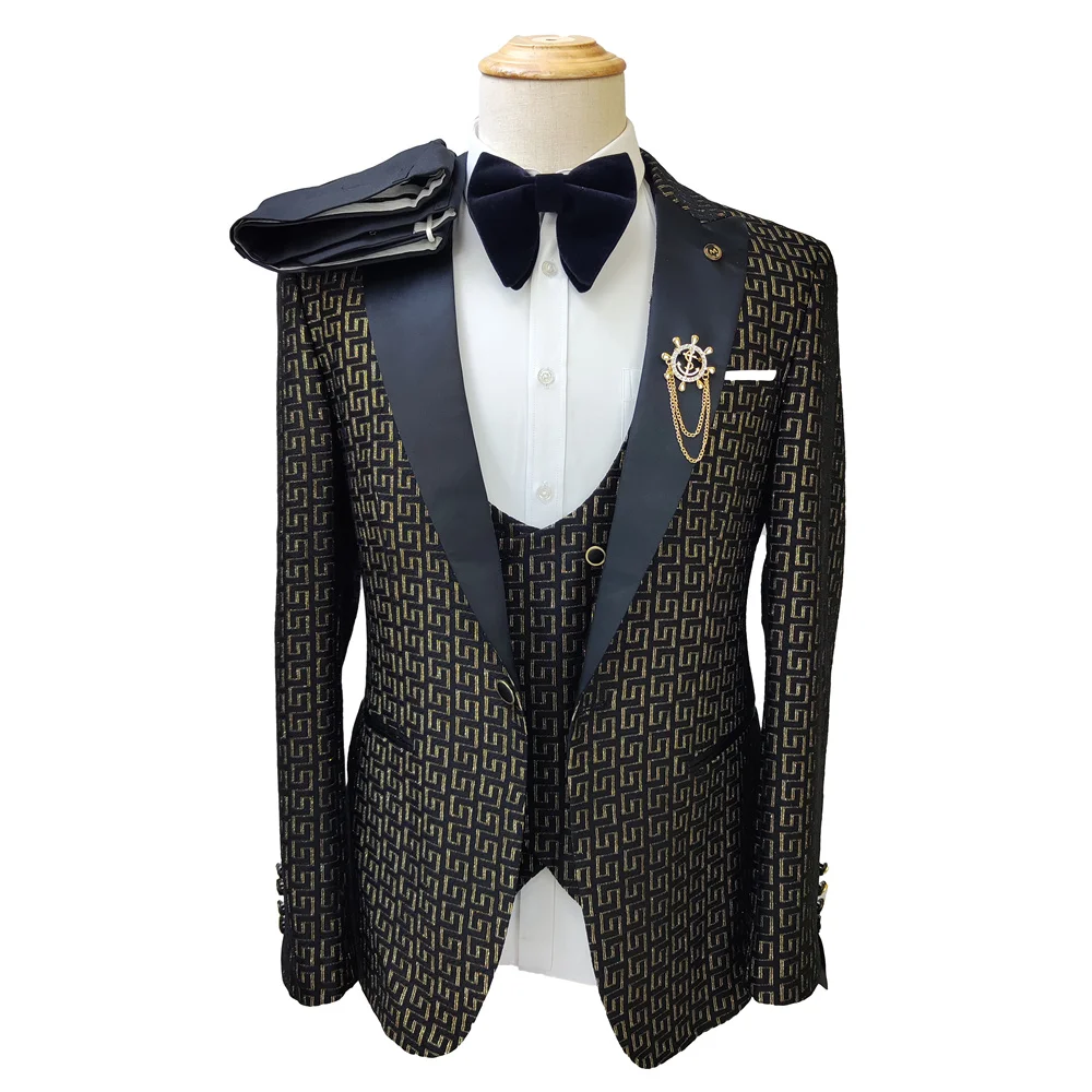 Actual 100% Party Gold Black Slim Fit One Button V-neck Two Slits Business (Jacket+waistcoat+pants) Men Wedding Suits MS2022