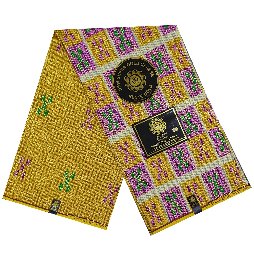 Высокое качество 2 + 4 ярдов Kente золотой дизайн восковой печати 100% хлопчатобумажные африканские ткани ткань pagne печать Анкара для платья одежда