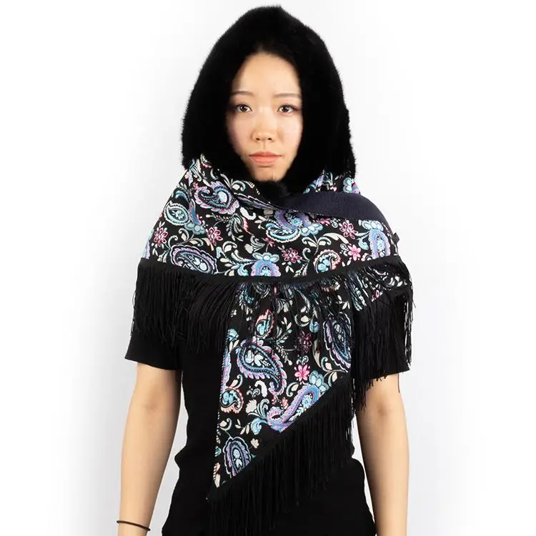 DH IATOYW wholesale tassel hooded fur cape women real mink fur hat winter fur scarf