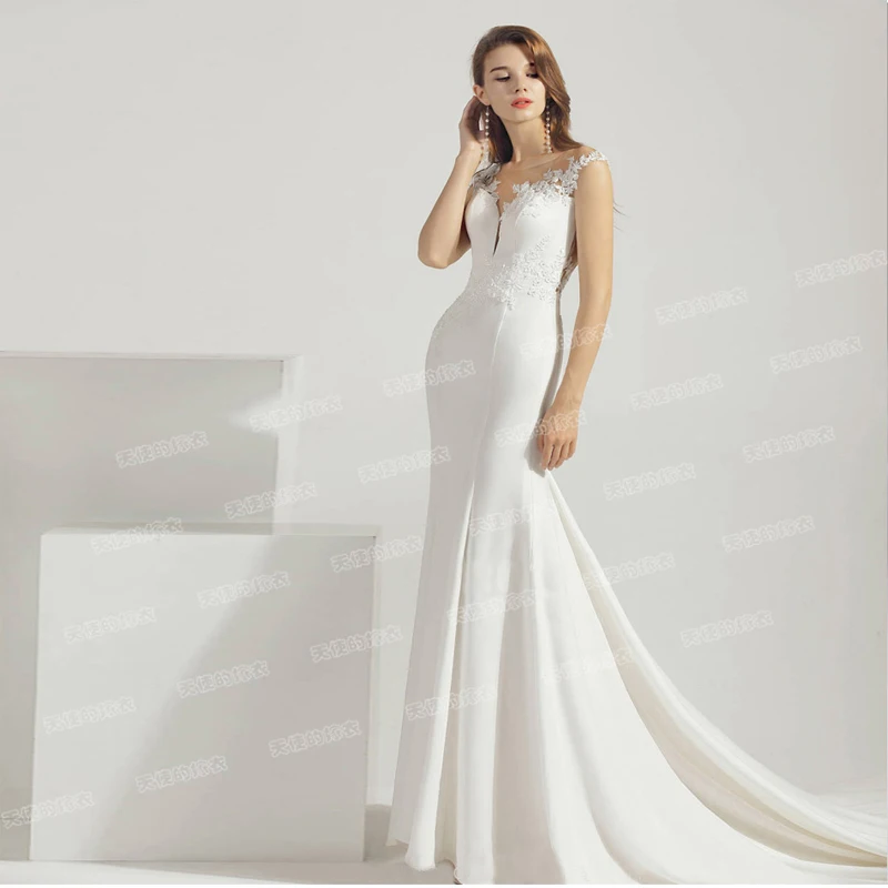 Sexy Forma Satin-twill Simple V Neck Sleeveless Bridal Gown Wedding Dresses Mermaid
