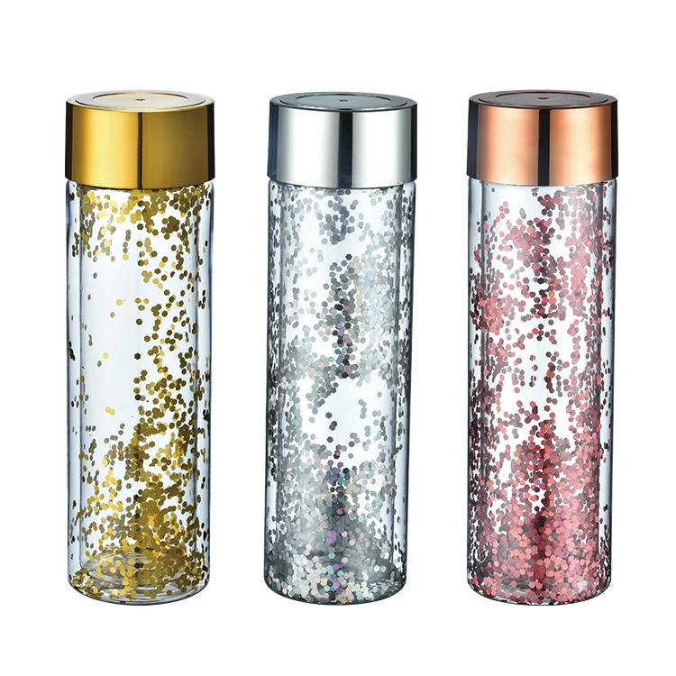 550ML Double Wall BPA Free Drinking Custom Logo Glitter Plastic Water Bottle With Lid