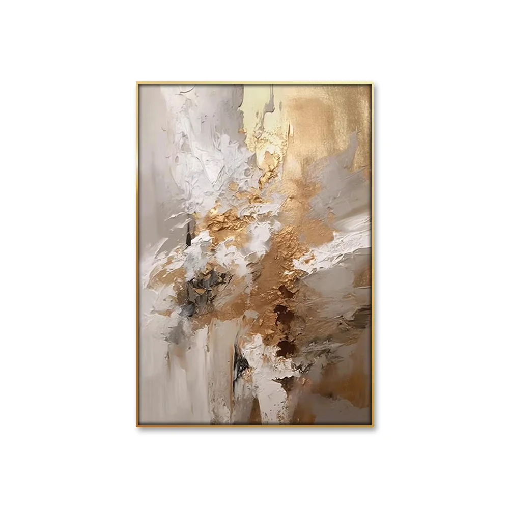 Modern Home Decor 100% Hand-Painted Abstract Gold Oil Painting Wall Decor with Leaf Theme Handmade Canvas Framed Gift