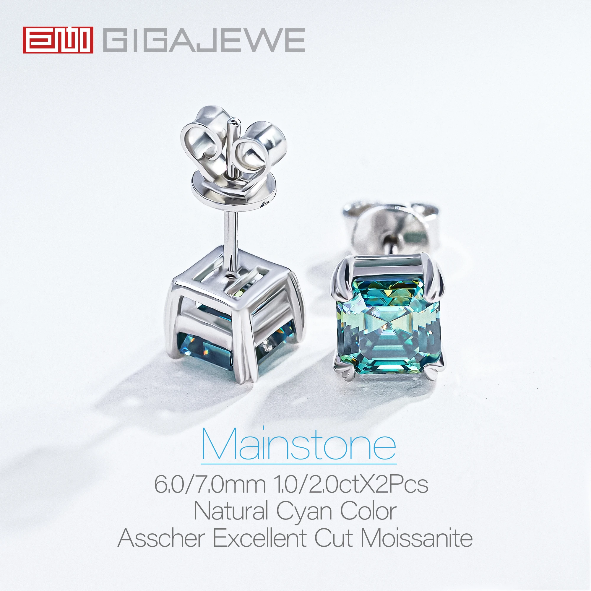 GIGAJEWE 7mm 2.0ct Asscher Cut Blue Green Cyan white Color Moissanite 925 Sterling Silver earings for women gift
