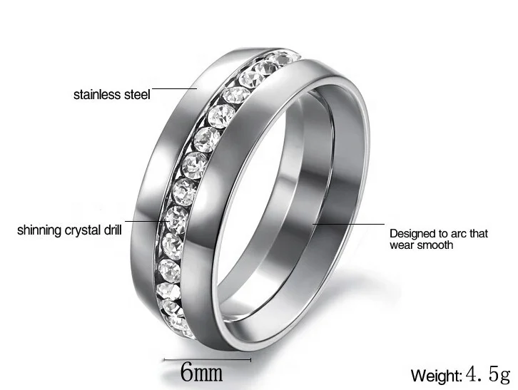 
New Arrival 6mm Platinum Plating Crystal Promise Eternity Band Rings 14K Gold Plating Stainless Steel Zircon Engagement Rings 