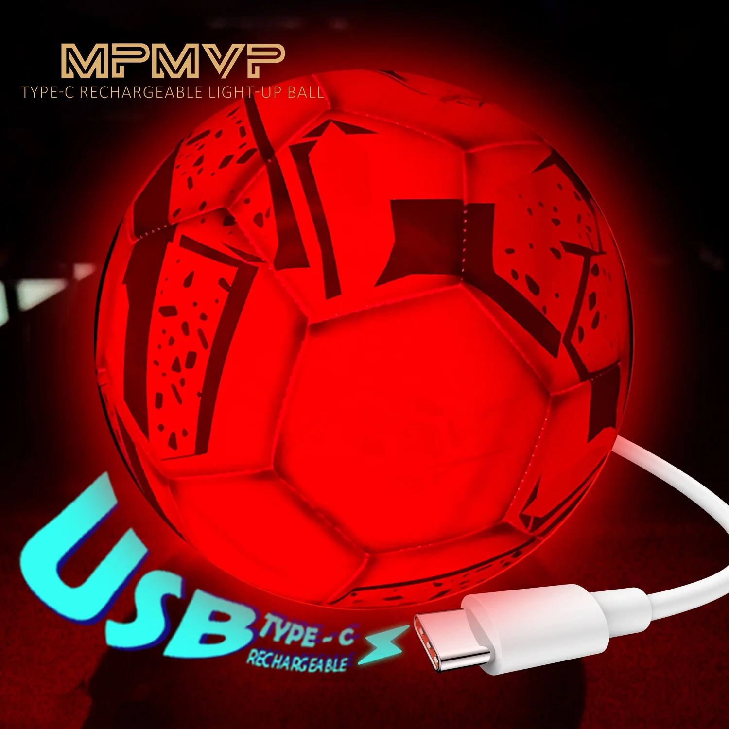 Type-C Rechargeable LED Soccer Light Ball PVC and TPU Glow-in-the-Dark Size 5 Football with Machine Stitching Lighted Design