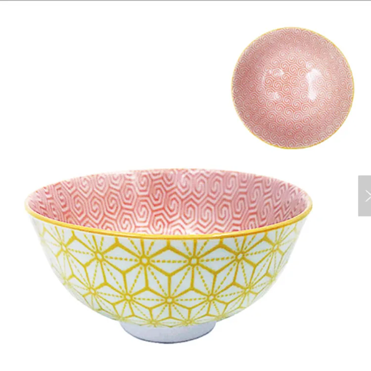
4.75 fancy japanese color round pad printing soup noodle salad rice ceramic bowl 