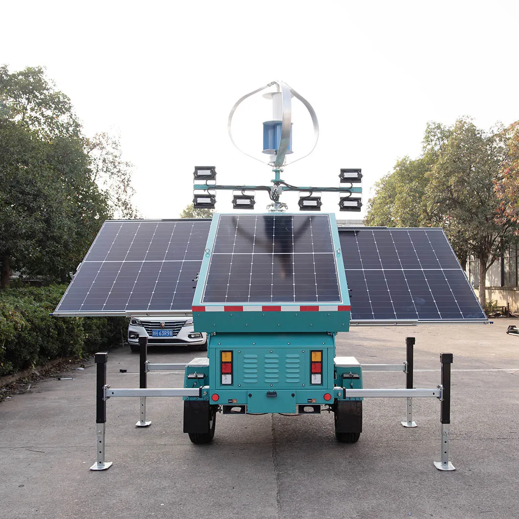 Portable solar lighting tower with wind turbine wind power