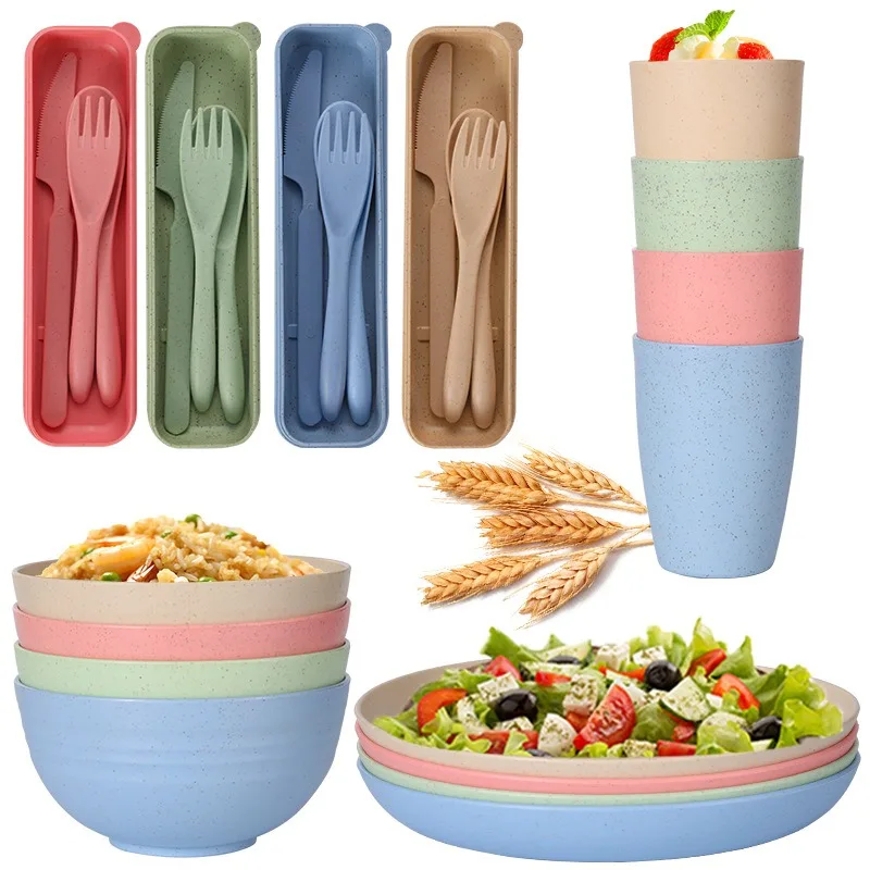 Wholesale Custom Soup Rice Bowls And Food Dinner Plates Cup Set Wheat Straw Fiber Tableware Dinnerware Sets