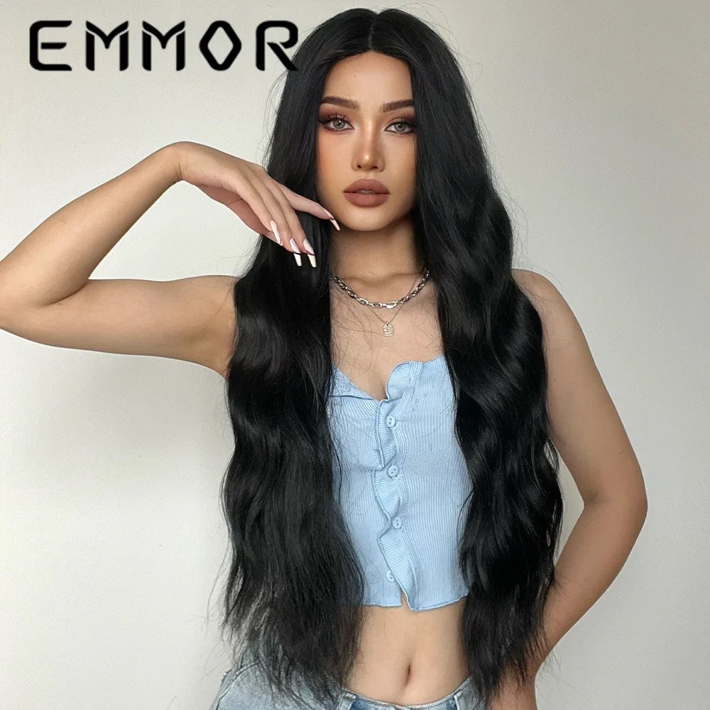 Large Inventory Long Curly Wavy Hair Wigs Fashion Gradient Butterfly Haircut Wigs Middle Part Black Synthetic Fiber Hair Wigs