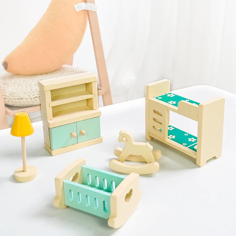 New Design 29Pcs Mini Wooden Doll House Furniture Set with Kitchen room, Bedroom, Bathroom, Sitting room for Kids