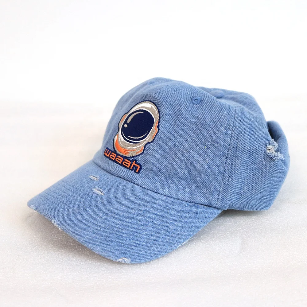 personalized street wear distressed vintage worn-out blue denim boys girls custom embroidery dad hats caps