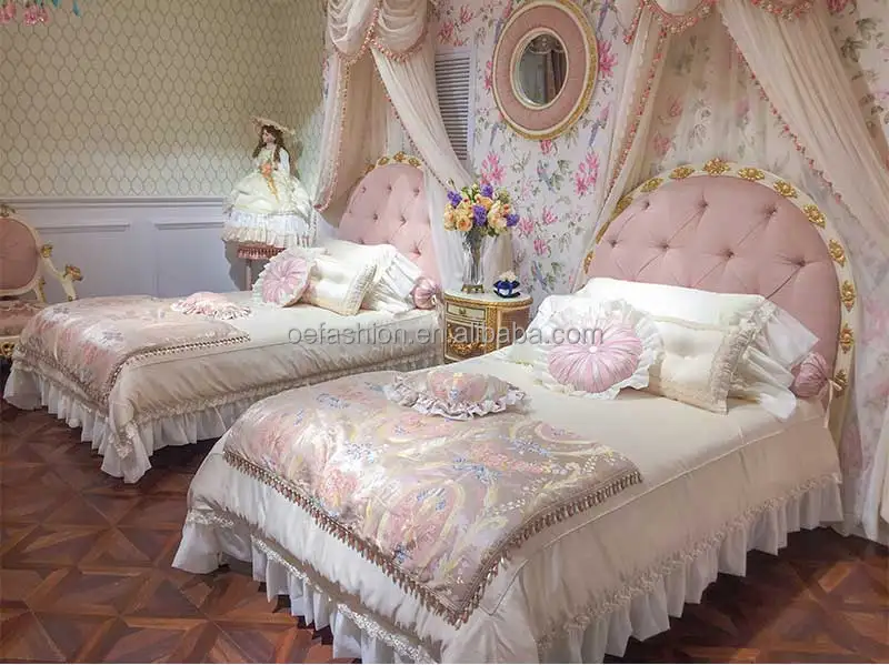 OE-FASHION House furniture Romantic pink villa children double princess french royal bedroom set luxury twin bed