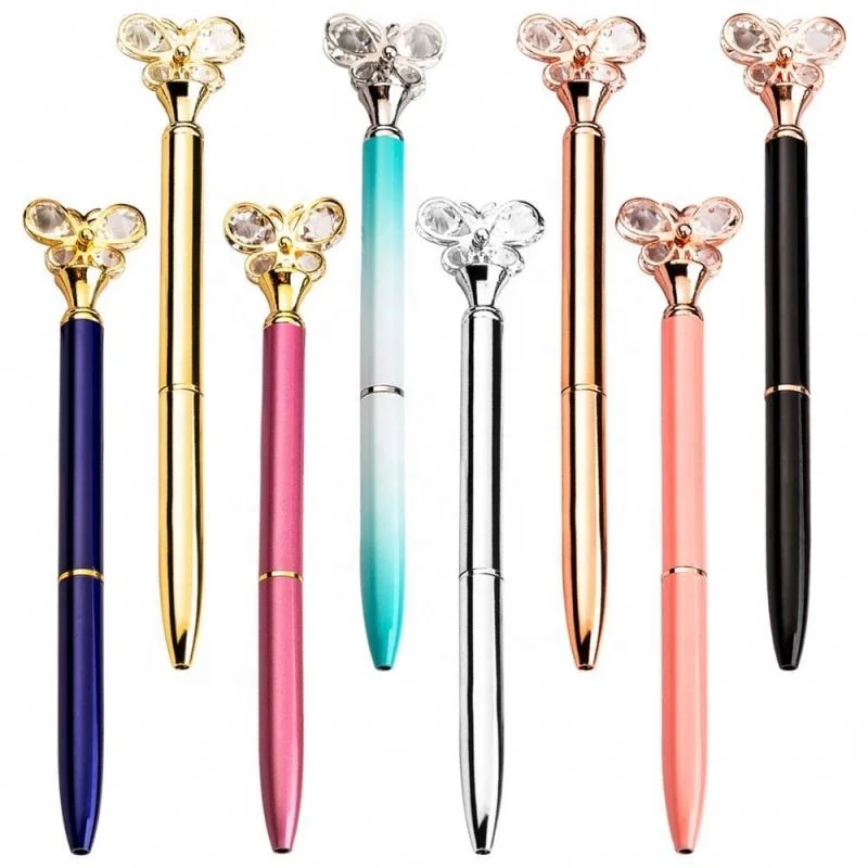 Butterfly Rhinestones Crystal Metal Ball Pens Black Ink Business Office Supplies for Desk Decor