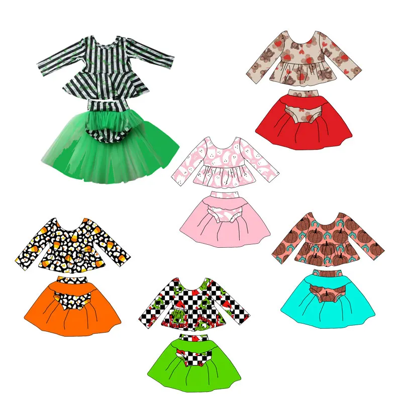 Wholesale Baby Girl Clothes Kids Halloween Girls clothing Long sleeve peplum top shorts with mesh Two pieces sets