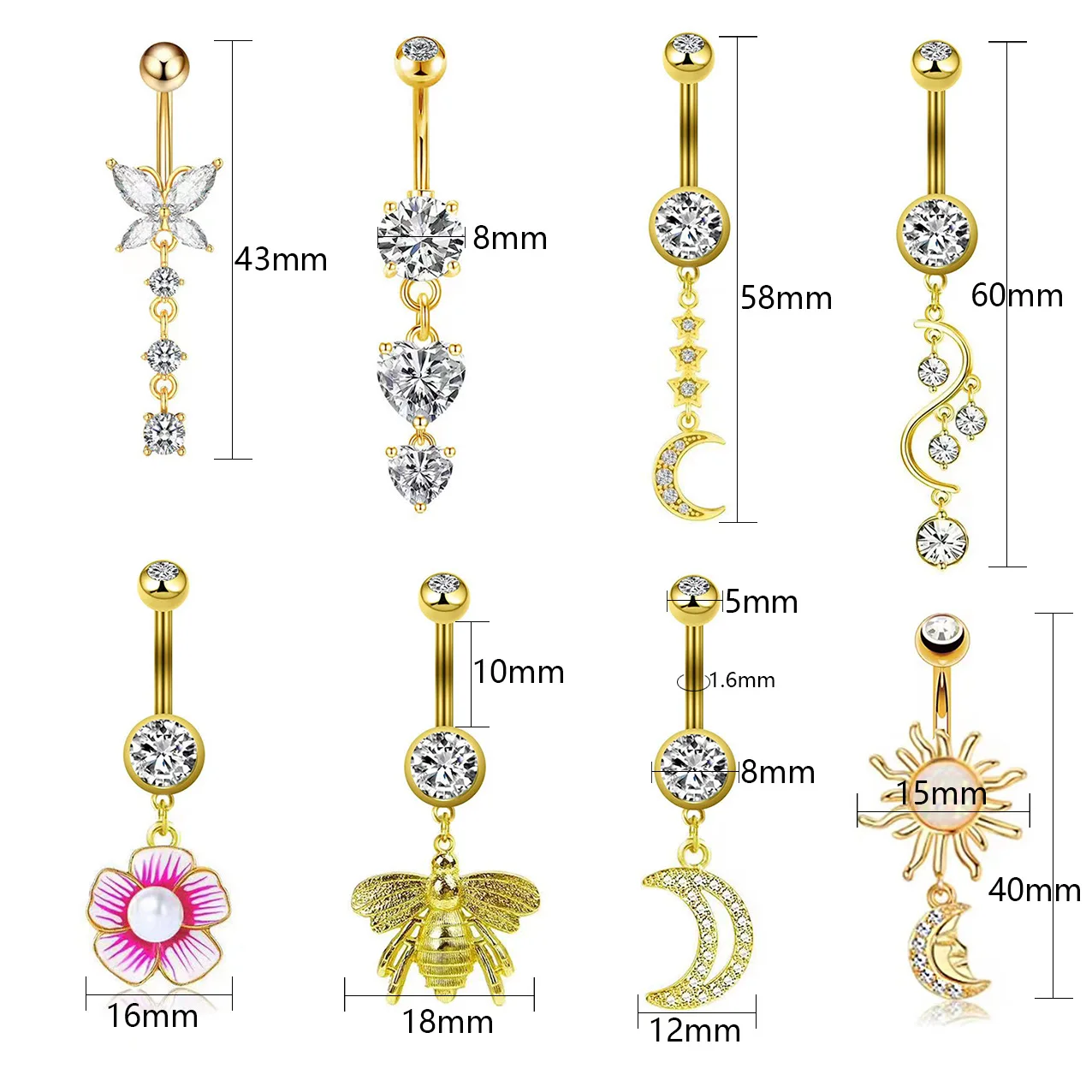 Trend wholesale 0.8mm*6mm stainless steel zircon moon flower heart  navel rings  for women navele stud piercing