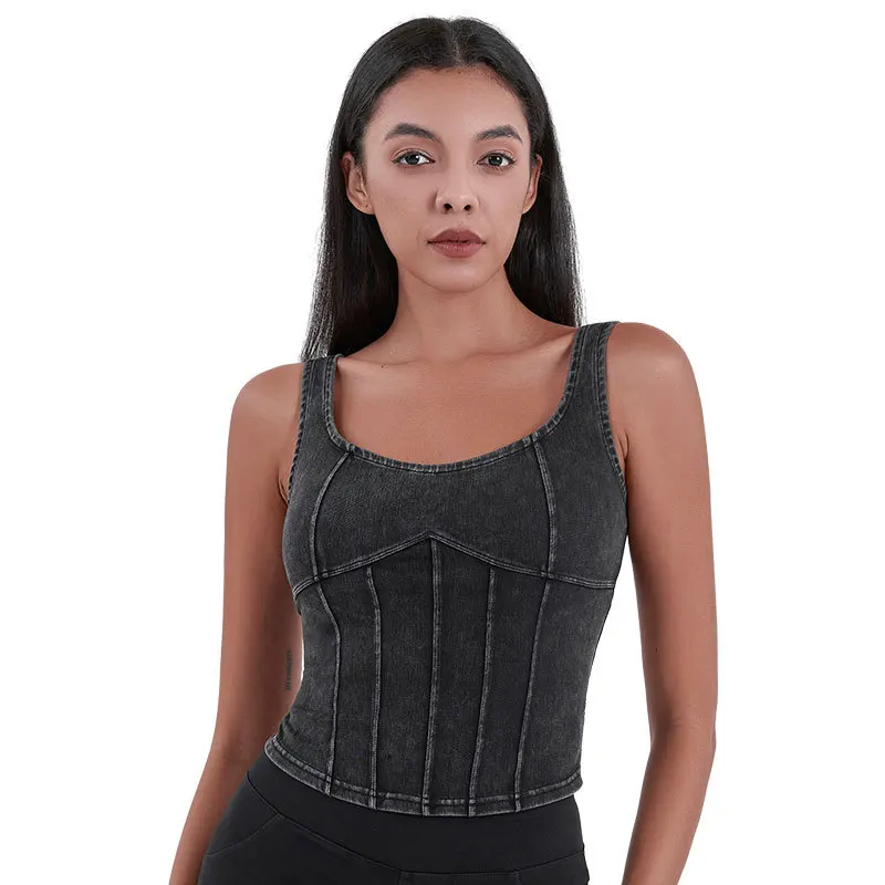 Aoyema Fashion Sexy Solid color Sleeveless U-shaped High Elastic denim Tank irregular suspender  Slim Sexy Yoga Tops Vest