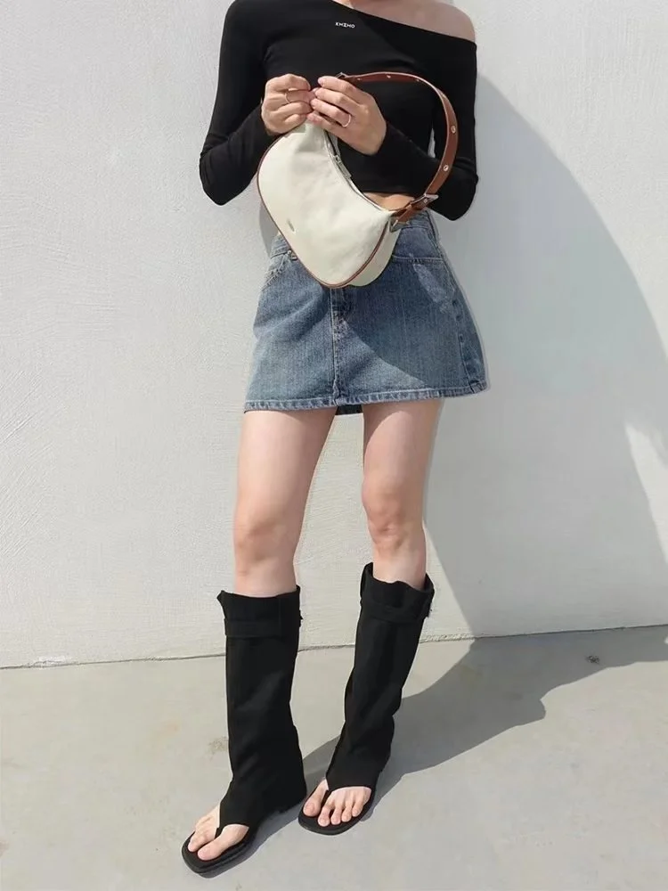 2023 Xia Internet Celebrity Korean Style Flip-Flops Sandals High Trouser Western Cowboy Boots New Summer Fashion