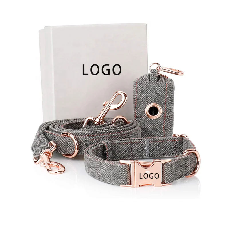 
Custom Personalized Logo Soft Fashionable Tweed Dog Collar Rose Gold Metal Buckle 