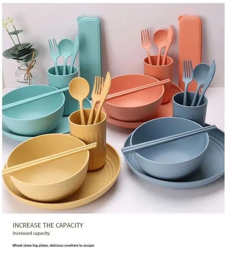 Amazon Bowl Cup Plate Vertical Set Home Salad Bowl Dinner Plate Mug Portable Tableware Cutting Board Wheat Straws