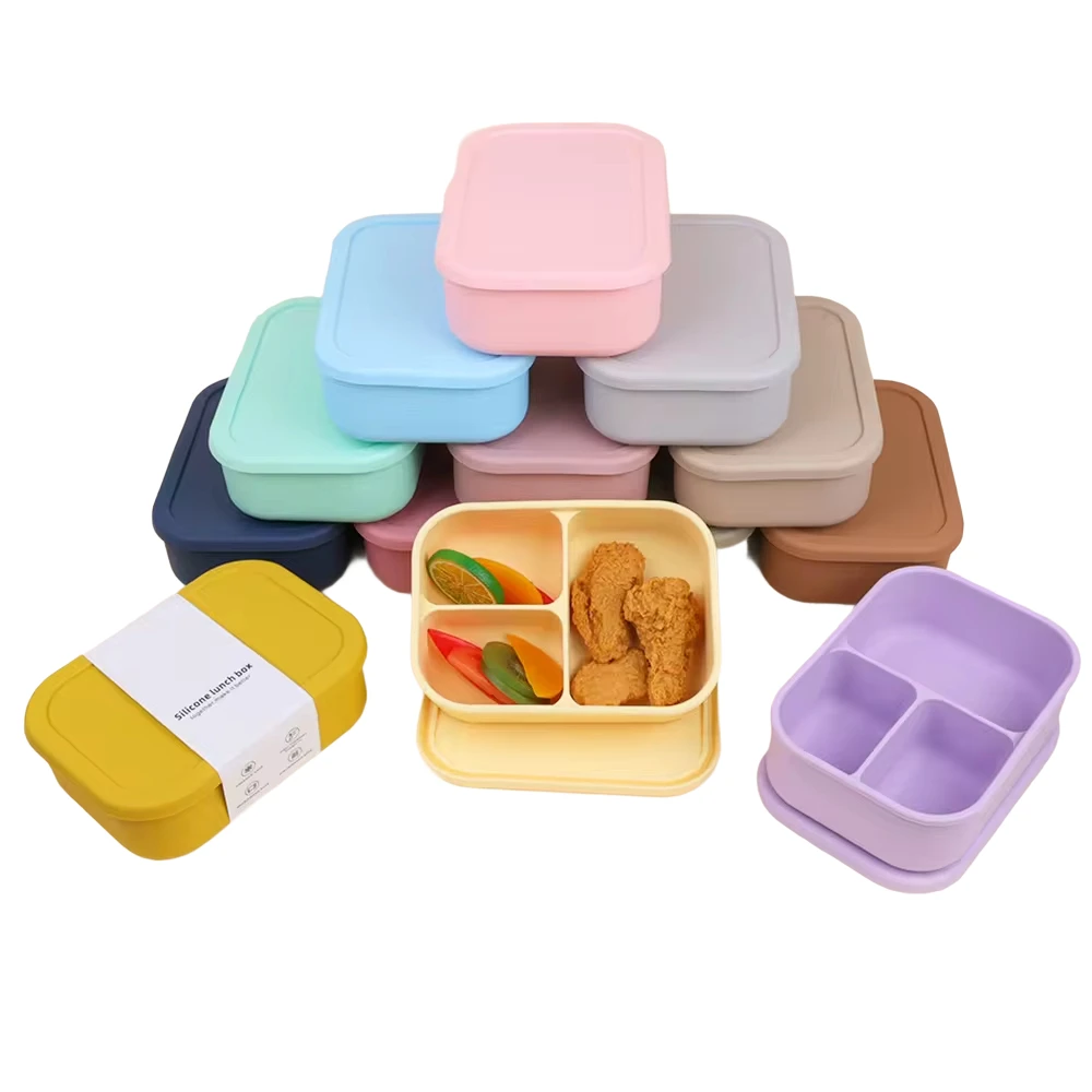 Бесшиберный силиконовый прямоугольный Ланч-бокс Bento Небьющийся 3-х отсек для детей школьников