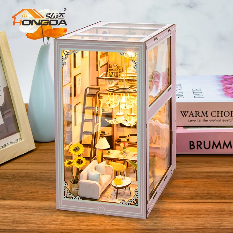 Hongda M2413 Pink loft Custom Design Book Nook Kit Diy Wooden Miniature Book Nook With Light