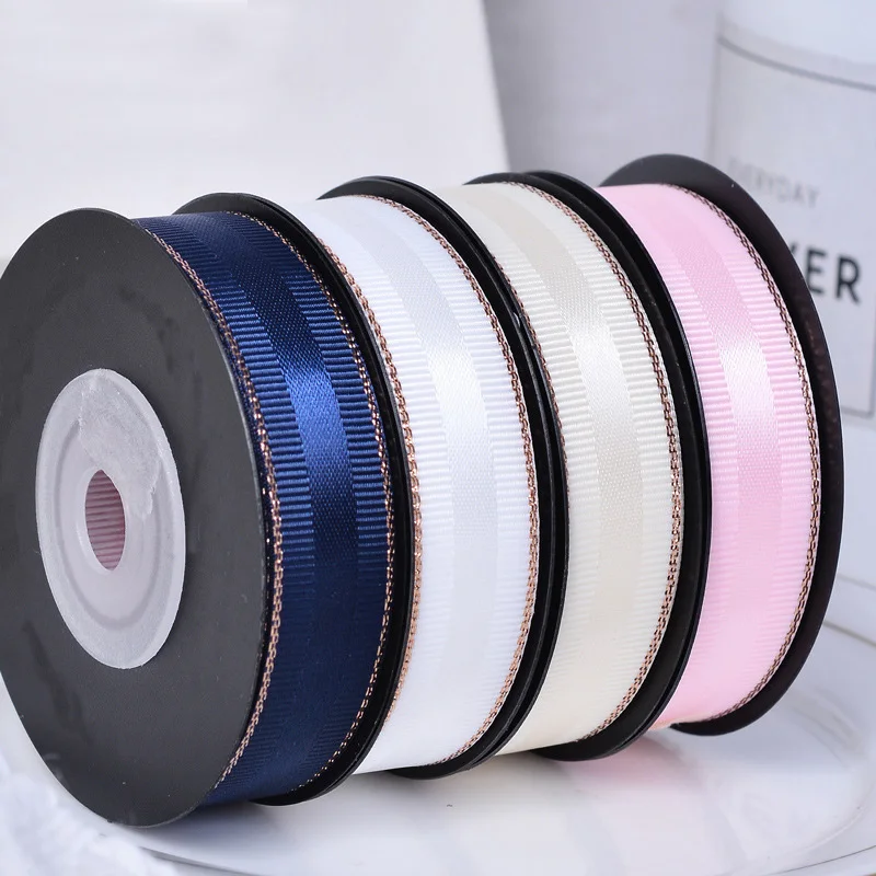 Luxury 9MM to 38MM Grosgrain Pink Rose Gold Edge Satin Ribbon