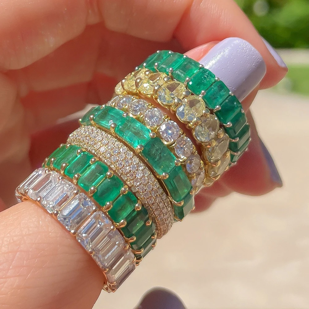 DYLAM Exclusive Design Jewelry Rings Women Eternity Wedding Band Green Emerald S925 Silver 5A Cubic Zirconia Promise Ring