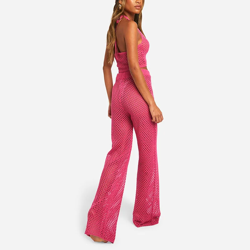 Custom co ord set women two piece set women clothing Crochet Bralette And Wide Leg Pants Knitted Set