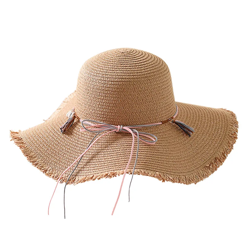 Custom Wholesale Fashion Boho Wide Brim Beach Straw Hat Floppy Visor Hat With Bowknot Women Summer Sun Hats