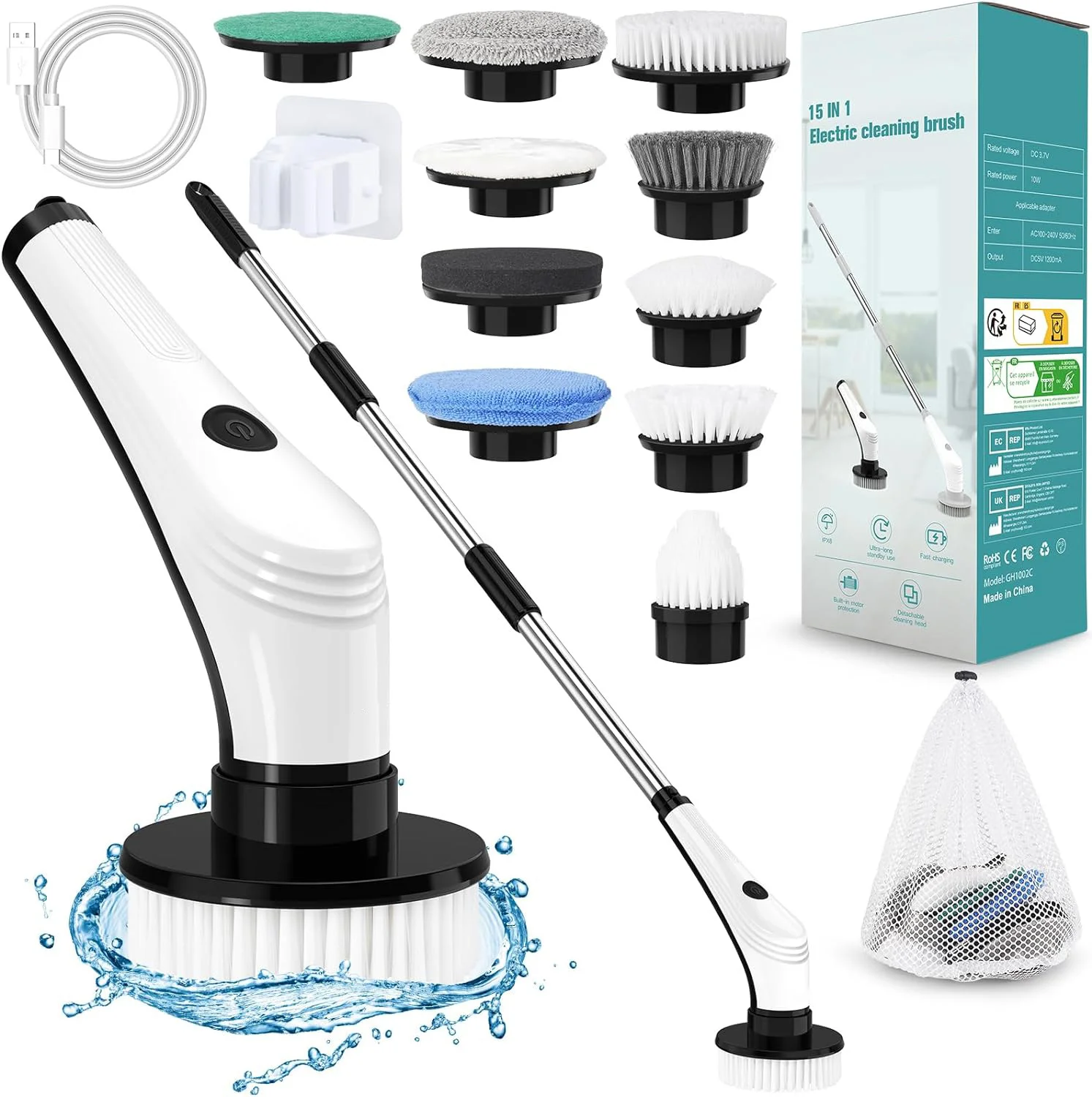 High quality 2600 mAh powerful battery 90 min working time electric spin scrubber LED display with 9 replaceable brush heads