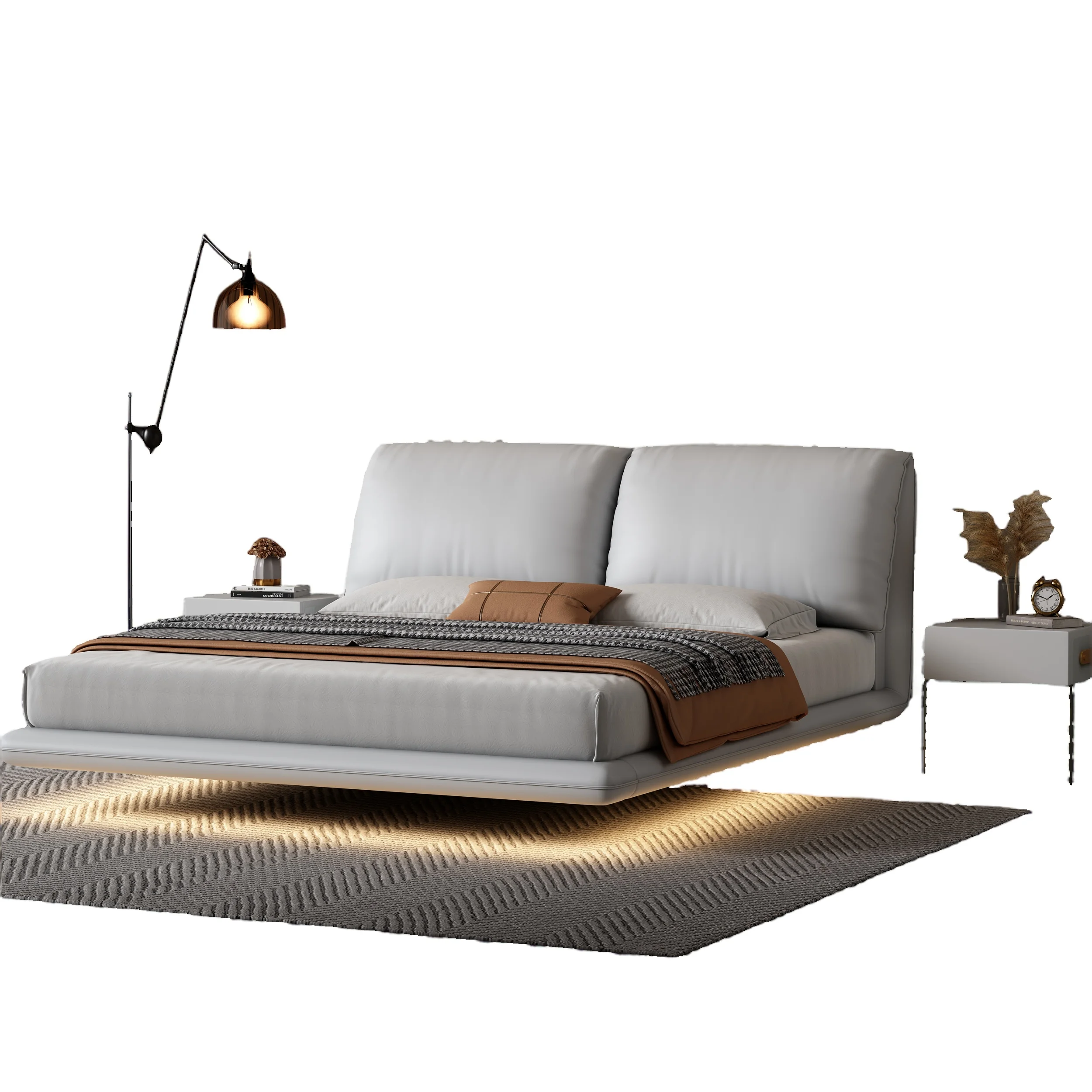 Modern Double-Sized Wooden Platform Bed Frame with Leather Upholstery Storage Feature and Lights Queen King Sizes Available