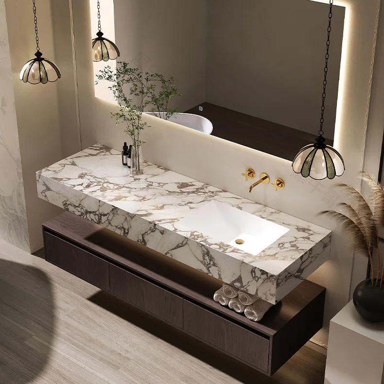 2025 Hot Selling Modern Design Marble Bathroom Vanity Set with Wall Mount Mirror Customized for Hotels and Restrooms