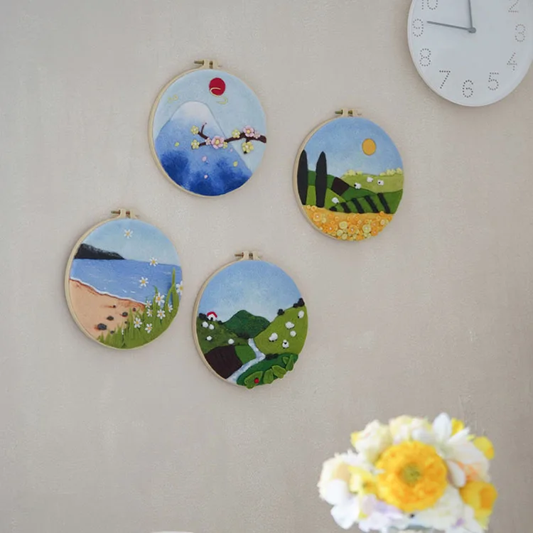Creative Landscape Pattern Wool Handmade DIY Needle Felting Kits  Home Decoration Crafts Gift With Embroidery Frame