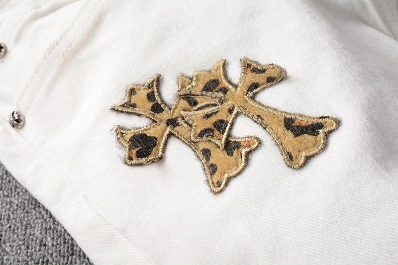 Rts For Dropshipping 724 Custom  golden leopard jens pant print cross white stretch  youth slim pants high street damaged jeans denim men