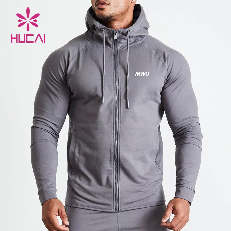 HUCAI OEM high quality manufacturers men fleece custom logo plain sports fitness zip up Hoodies