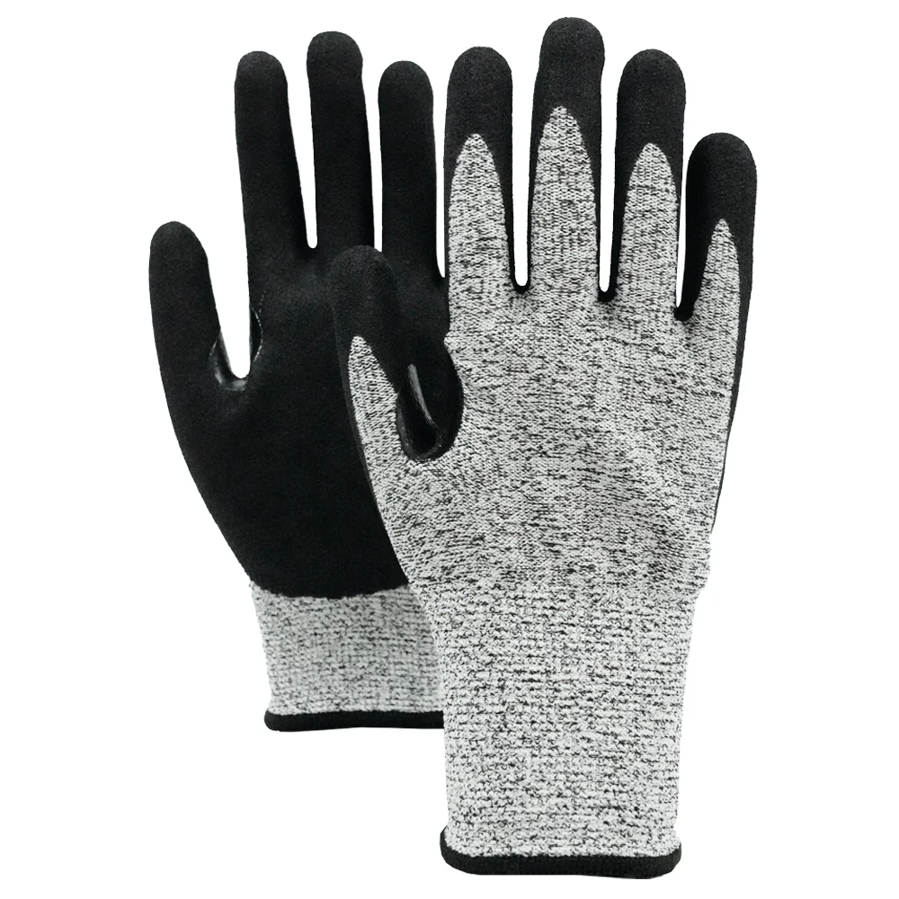 POPALM Custom Print Logo High Quality 13 Gauge HPPE Safety Gloves Sandy Nitrile Coated Reinforced Thumb Crotch Work Gloves