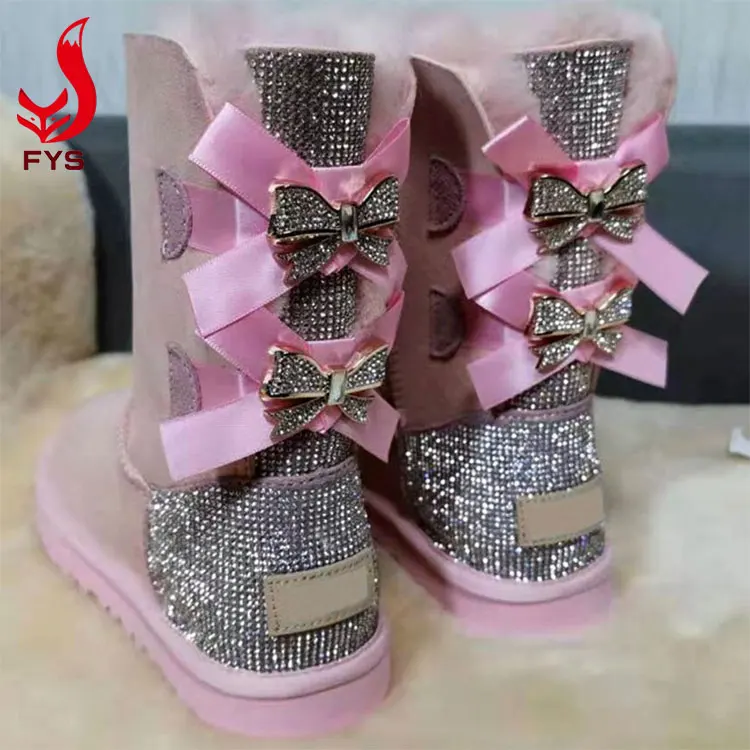 Hot Selling Winter Mid-Tube Warm Snow Boots 2 Bow Flat Heel Women Boots