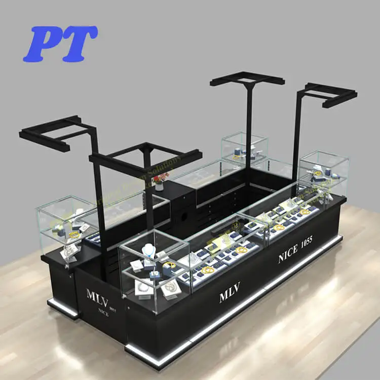 Commercial Furniture Customized Design Glass Mdf Mall Jewelry Kiosk With Led Lighting