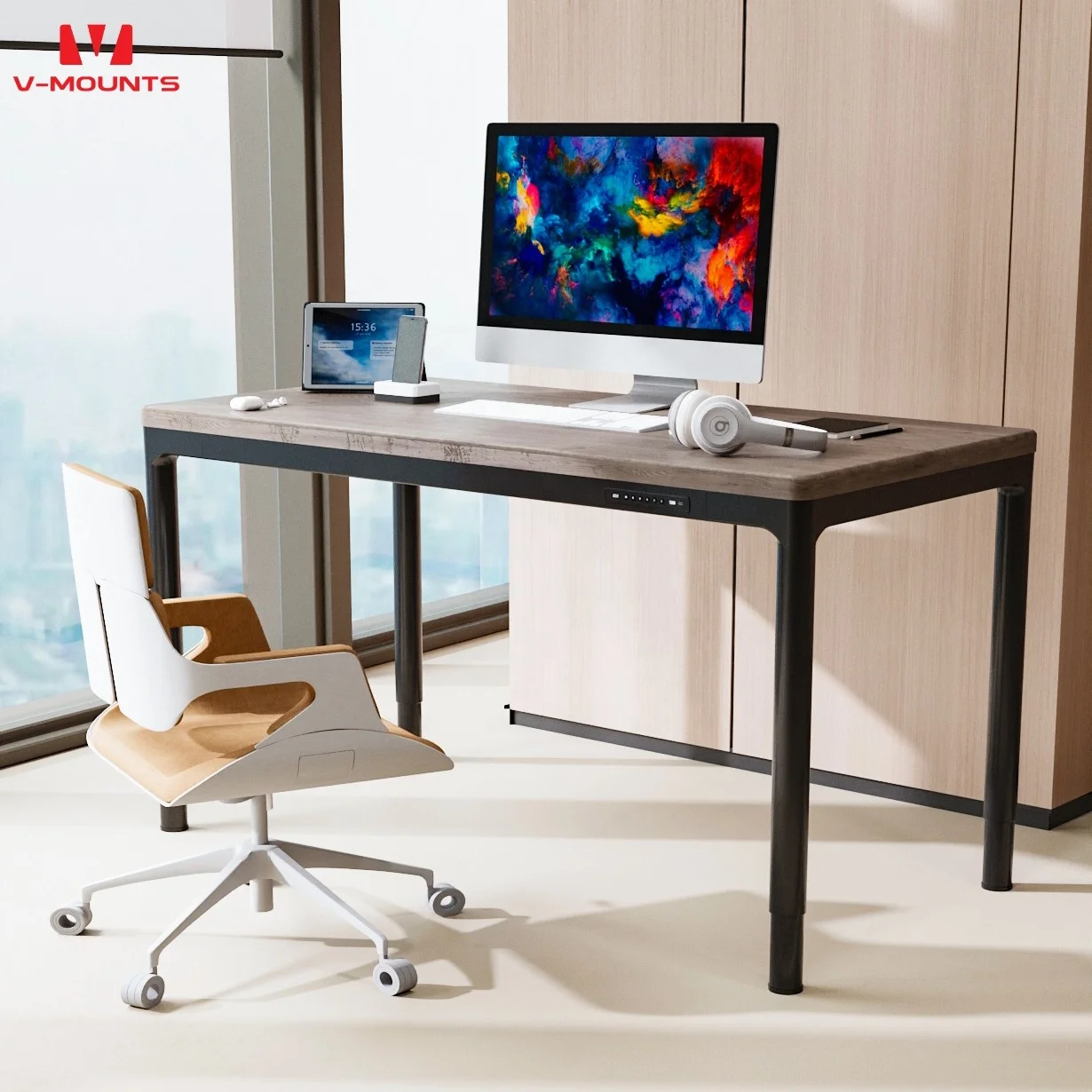 V-mounts Dining Table Style Simple Modern wooden standing desk for standing work with quad-motor JSD8-03-D